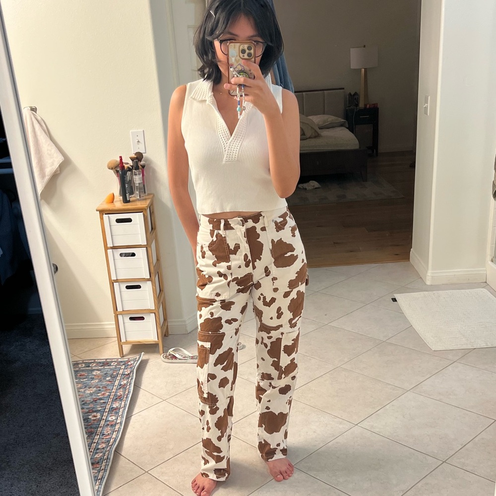 Brown and White Cow Print Women's Pants